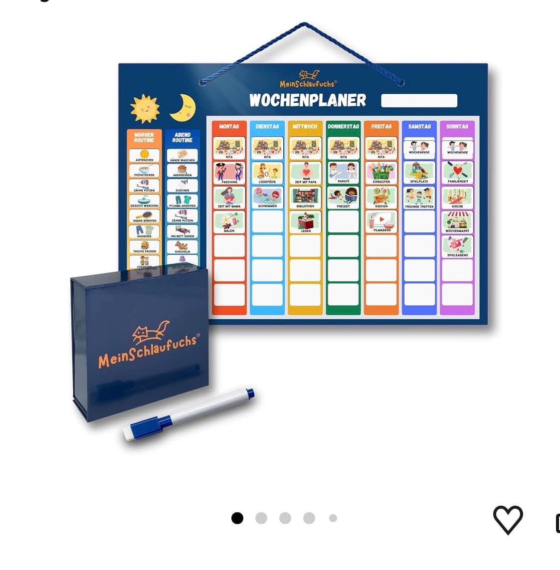 MeinSchlaufuchs® Wochenplaner Kinder - Montessori Magnettafel inkl. 250 Magnete, Aufbewahrungsbox, Kordel & Stift - 2-in-1 Wochenplan & Routineplan - Morgenroutine & Abendroutine für Kinder